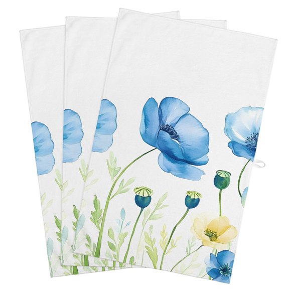 Blue Yellow Spring Floral Kitchen Towels, Absorbent Microfiber Kitchen Dish Hand Tea Bath Towel, Summer Botanical Watercolor Quick Dry Cleaning Cloth Dishclothes Decorative Sets, (3-PC, 18x28)