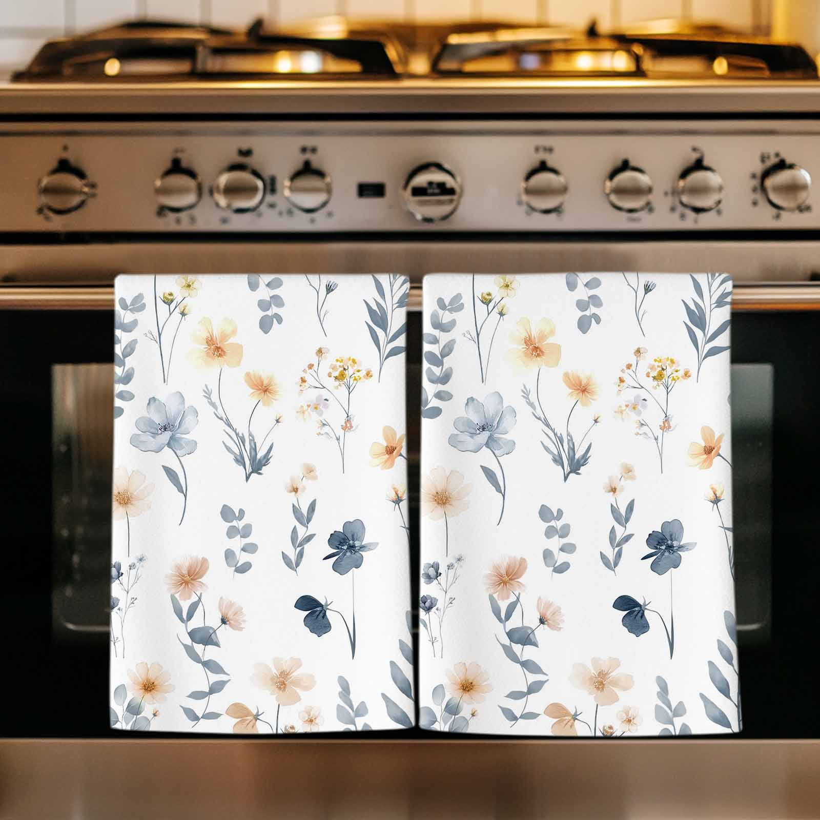 Blue Yellow Spring Floral Kitchen Towels Set of 4, Watercolor Botanical ...