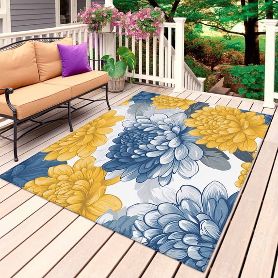 Blue Yellow Spring Floral Outdoor Rug 3x5 Ft, Non Slip Washable Area Rug, Summer Botanical Elegant Patio Rugs Carpet Runner, Large Floor Mat for Indoor/Outdoor Deck Porch Camping