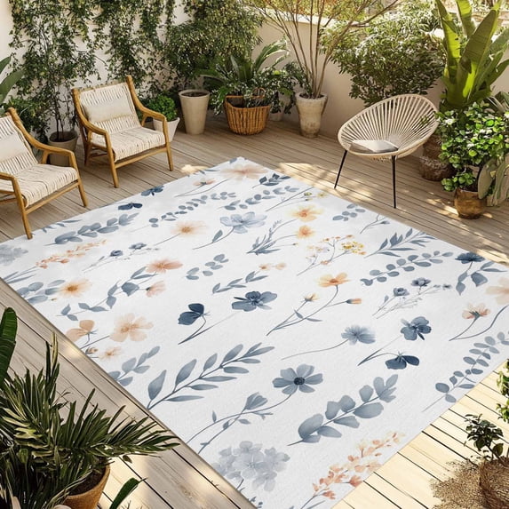 Blue Yellow Spring Floral Outdoor Rug for Patio/Deck/Porch, Non-Slip Large Area Rug 3 x 5 Ft, Watercolor Botanical Flowers Indoor Outdoor Rugs Washable Area Rugs, Reversible Camping Rug Carpet Runner