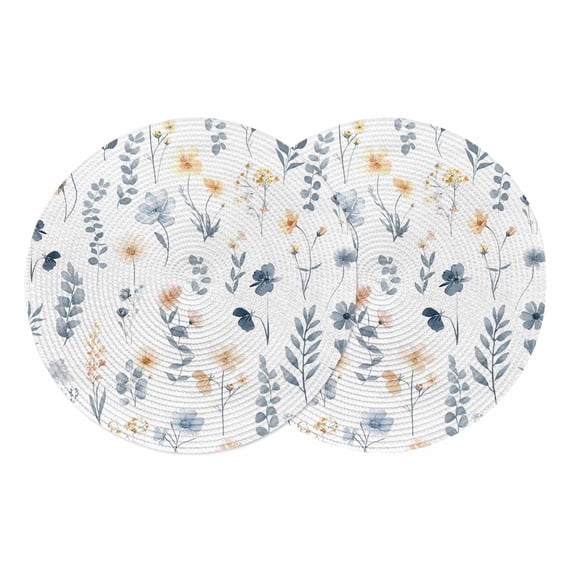 Blue Yellow Spring Floral Round 13 Inch Placemats Set of 2, Watercolor Botanical Flowers HeatResistant Non Slip Place Mats for Dining Table, Wipeable Braided Kitchen Table Mats for Housewarming