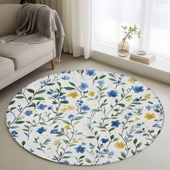 Blue Yellow Spring Floral Round Area Rug 3.3 FT, Non Slip Small Entryway Kitchen Mat, Elegant Summer Botanical Green Washable Soft Circular Rug Non-Shedding Door Mat for Bathroom Playroom Kids Room