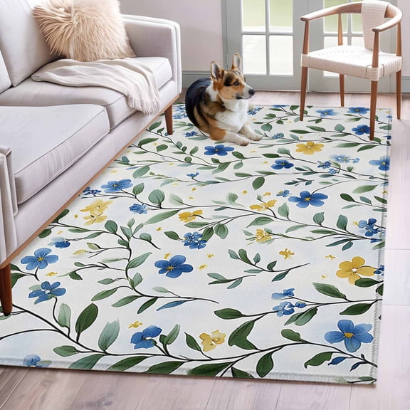 Blue Yellow Spring Floral Runner Rug 2.7x5 FT, Non Slip Entryway Carpet, Elegant Summer Botanical Green Washable Soft Floor Carpet Entrance Mat Non-Shedding Throw Rug for Hallway Laundry Room Bedside