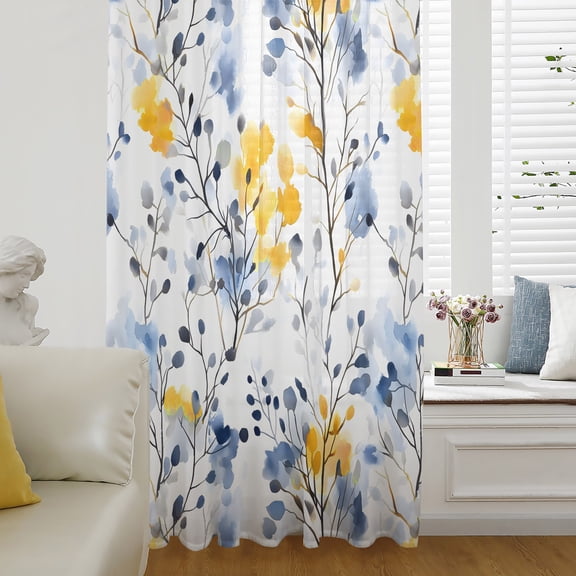 Blue Yellow Spring Floral Semi Sheer Curtains Drapes for Living Room, Bedroom, French Doors Window 45 Inches Long, Summer Botanical Abstract Rod Pocket Chiffon Curtain Drapery Voile Draperies Panel