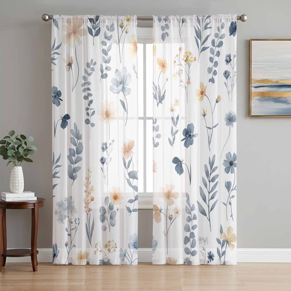 Blue Yellow Spring Floral Sheer Curtains 63 Inch Length 2 Panels Set Window Treatments, Watercolor Botanical Flowers Rod Pocket Semi Curtains for Living Room/Bedroom/Kitchen Décor, 104"W x 63"L