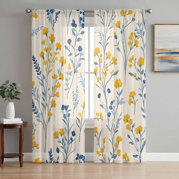 Blue Yellow Spring Floral Sheer Curtains 72 Inch Length 2 Panels Set, Summer Blooms Botanicals Voile Window Treatment Rod Pocket Curtains Sheers Drapes for Bedroom/Living Room/Kitchen 52"x72"x2