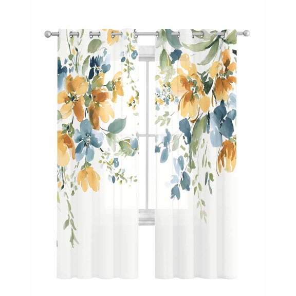 Blue Yellow Spring Floral Sheer Curtains 84 Inch Length 2 Panels Set for Living Room/Bedroom, Watercolor Botanical Summer Kitchen Curtains Grommet Semi-Sheer Curtains Window Treatments 42"x84"x2