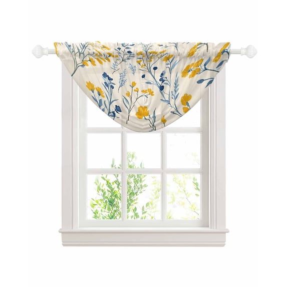 Blue Yellow Spring Floral Sheer Waterfall Valance Curtains for Window, Summer Blooms Botanicals Rod Pocket Sheer Topper Swag Curtains for Living Room, Kitchen 38.5"W x 47.2"L, 1 Panel
