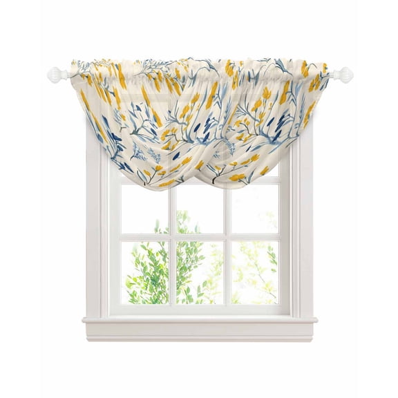 Blue Yellow Spring Floral Sheer Waterfall Valance Curtains for Window, Summer Blooms Botanicals Rod Pocket Sheer Topper Swag Curtains for Living Room, Kitchen 38.5"W x 47.2"L, 2 Panels