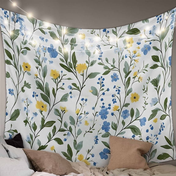 Blue Yellow Spring Floral Small Tapestry for Bedroom Wall Hanging Tapestry,Summer Elegant Botanical Green Ceiling Backdrop Tapestries Poster Blanket Wall Decor for Teens Room Living Room 23" x 28"