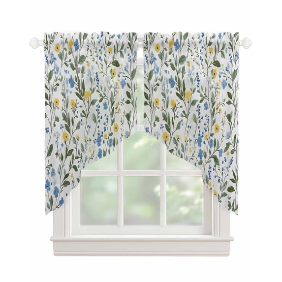 Blue Yellow Spring Floral Swag Valances for Windows, Summer Elegant Botanical Green Rod Pocket Sheer Valances for Windows, Swag Toppers Light Filtering for Kitchen Living Room 2 Panels 28''x36''
