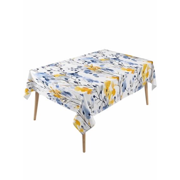 Blue Yellow Spring Floral Table Cloth, Waterproof Tablecloth for Rectangle Tables, Summer Botanical Abstract Reusable Washable Fabric Table Cover for Restaurant Kitchen Dining Tables 60"x120"