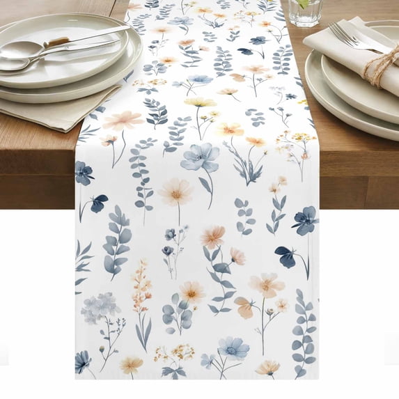 Blue Yellow Spring Floral Table Runner - 120 Inch Long, Kitchen Dining Table Runner Dresser Scarves, Watercolor Botanical Flowers Farmhouse Decor for Coffee Tables Wedding Party Banquet