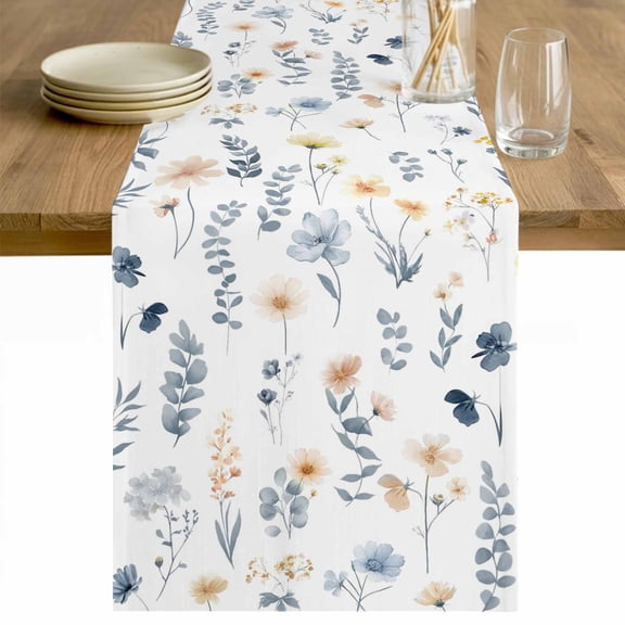 Blue Yellow Spring Floral Table Runner 90 Inches Long Farmhouse Dress Scarves, Watercolor Botanical Flowers Dining Tablerunner for Coffee Table/Kitchen Island/Party Décor, 13" x 90"
