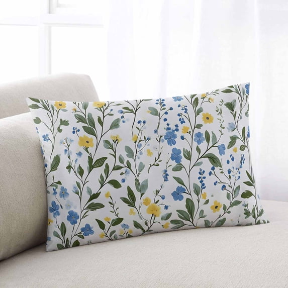 Blue Yellow Spring Floral Throw Pillow Cover, Pillowcase Protectors with Zipper, Breathable Decorative Lumbar Pillow Case Cover, Summer Elegant Botanical Green Pillow Shams for Couch Sofa 16x24Inch