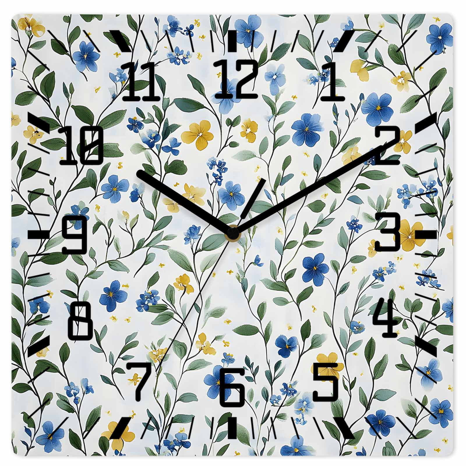 Blue Yellow Spring Floral Wooden Wall Clock Silent Non Ticking, Elegant ...