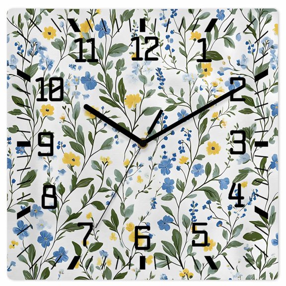Blue Yellow Spring Floral Wooden Wall Clock Silent Non Ticking, Summer Elegant Botanical Green Square Wall Clocks Battery Operated, Decor Clock for Home Office, Living Room, Kitchen, 10 Inch