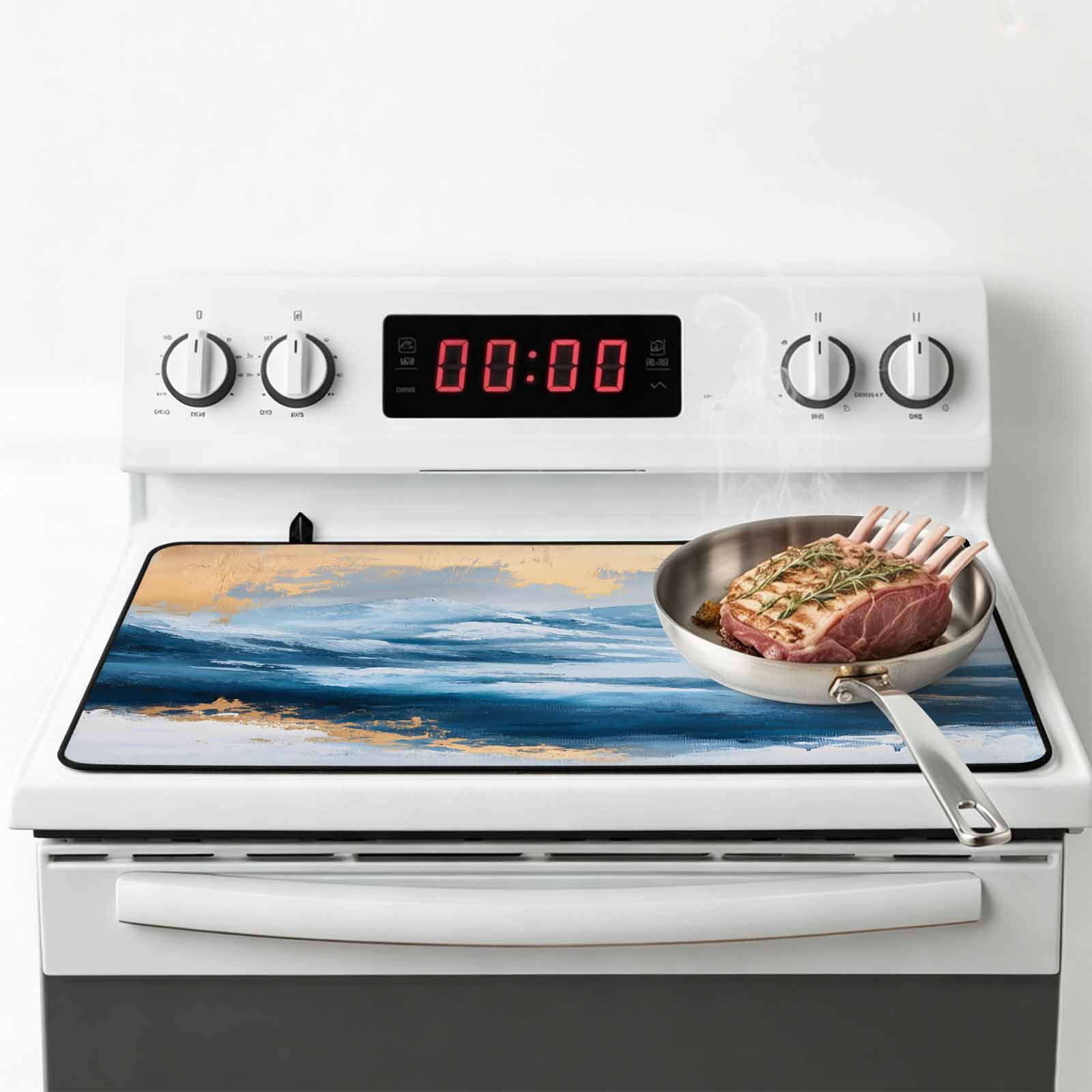 Blue Yellow Stove Top Cover for Electric Stove, Heat-proof & Non Slip Glass Top Stove Cover Protector, Modern Abstract Oil Painting Ombre Kitchen Flat Cooktop Rubber Mat 24x21 Inches