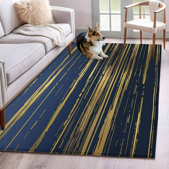 Blue Yellow Striped Area Rugs 2.7'x5', Washable Small Throw Rugs for Kitchen Bedroom, Modern Abstract Art Stripes Indoor Outdoor Rug Non-Slip Low Pile Carpet Runner Reversible Floor Mats