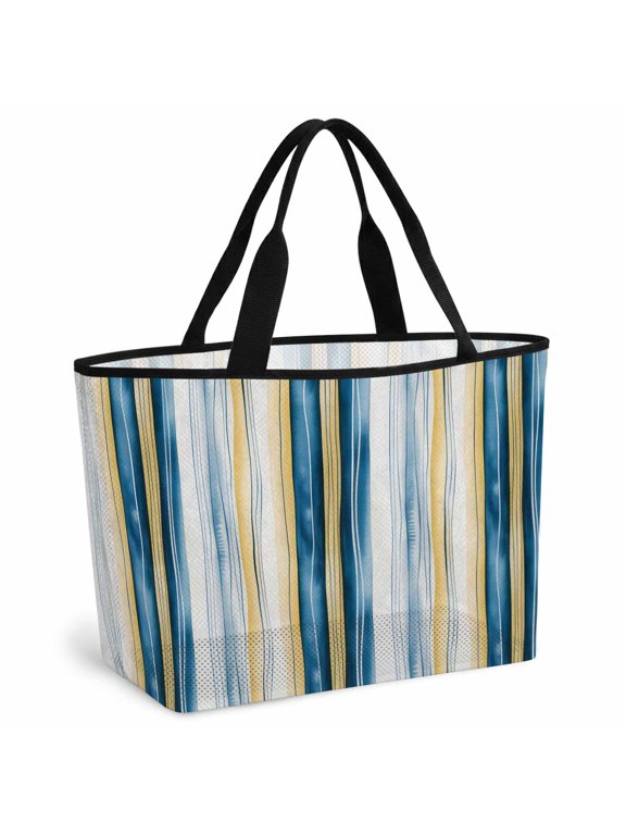Blue Yellow Striped Beach Bag for Women, Large Breathable Mesh Beach Tote Bag, Modern Stripes Art Watercolor Sandproof Lightweight Travel Bags for Vacation Picnic Swimming Pool 15.7"x15.7"x9.1"
