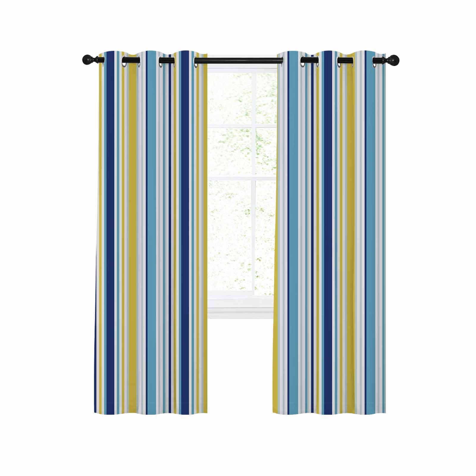 Blue Yellow Striped Blackout Curtains 84 Inches Long for Bedroom
