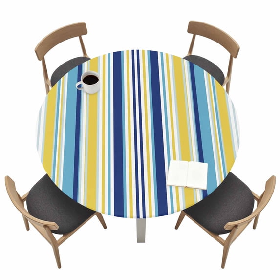 Blue Yellow Striped Fitted Tablecloth with Elastic Edged, Round Table Cloth for Dining Table, Colorful Ombre Abstract Stripes Waterproof Oil Proof Table Cover for Indoor Outdoor 45"-54"