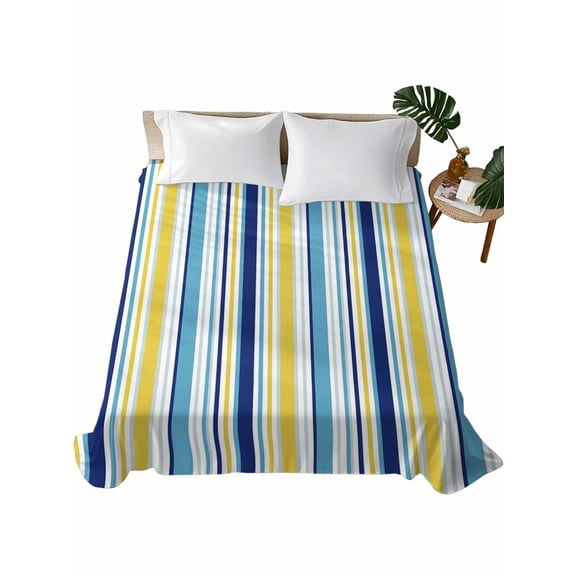 Blue Yellow Striped Flat Sheets Only King Size, Soft Breathable Bed Top Sheets for Mattress, Farmhouse Navy Blue Ombre Stripes Luxury Bedding Flat Sheets for Home Hotel Bedroom Bed Protection