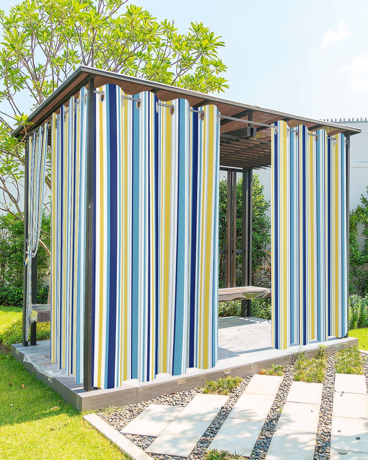 Blue Yellow Striped Outdoor Curtains for Patio, Farmhouse Navy Blue Ombre Stripes Privacy Drapes Grommet Waterproof Outside Curtains for Porch/Cabana/Balcony 54"x 95", 2 Panel