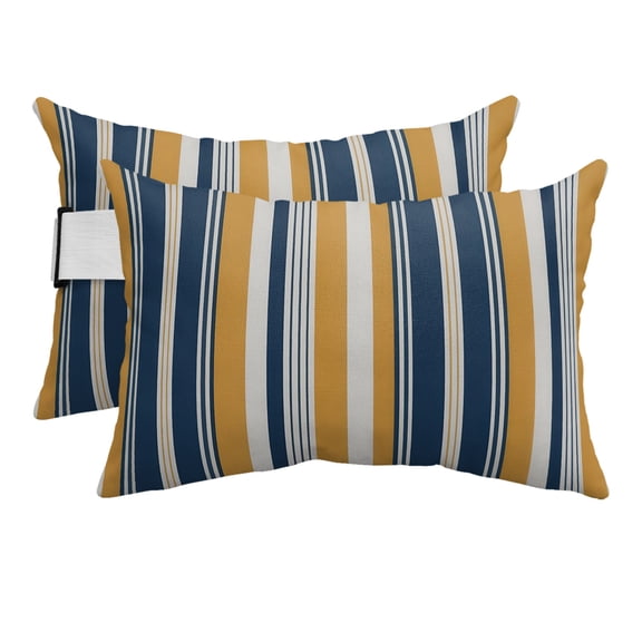 Blue Yellow Striped Outdoor Pillows for Chaise Lounge Chair Beach Headrest Pillow Set of 2 Waterproof Lumbar Pillows with Insert&Adjustable Strap Modern Stripes Art Pillow for Patio Pool 11"x16"