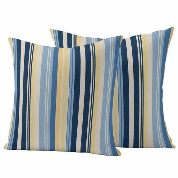 Blue Yellow Striped Outdoor Waterproof Pillow Covers, Farmhouse Stripes Vintage Decorative Square Throw Pillowcase Sofa Cushion Sham for Patio/Couch/Chair, 18"x18" 2 Pack