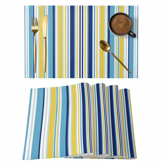 Blue Yellow Striped Placemats Set of 6, Colorful Ombre Abstract Stripes Placemats for Dining Table, Place Mats for Kitchen Tabletop, Waterproof Wipeable Dining Table Mats Set