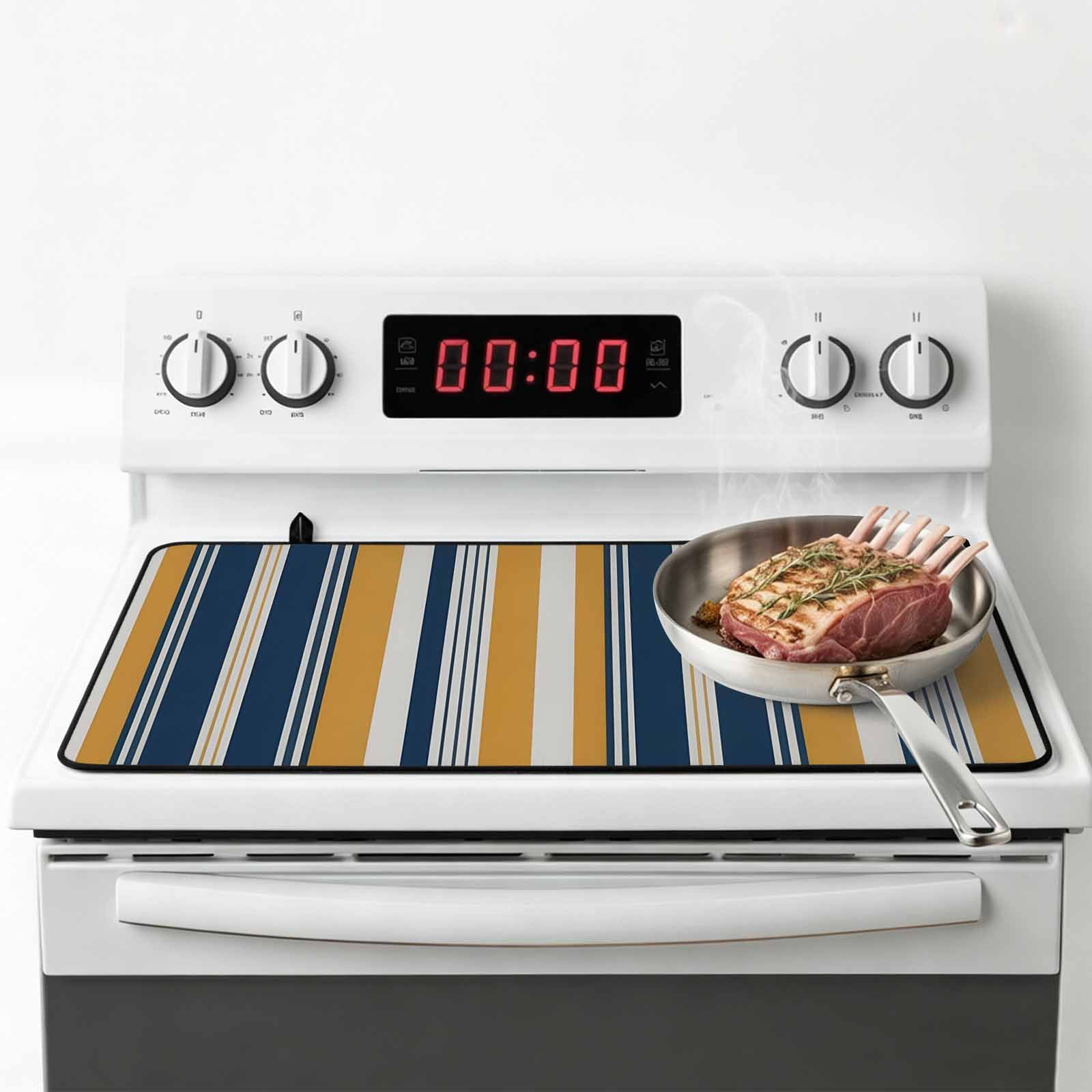 Blue Yellow Striped Stove Top Cover for Electric Stove, Heat-proof & Non Slip Glass Top Stove Cover Protector, Modern Stripes Art Kitchen Flat Cooktop Rubber Mat 24x21 Inches