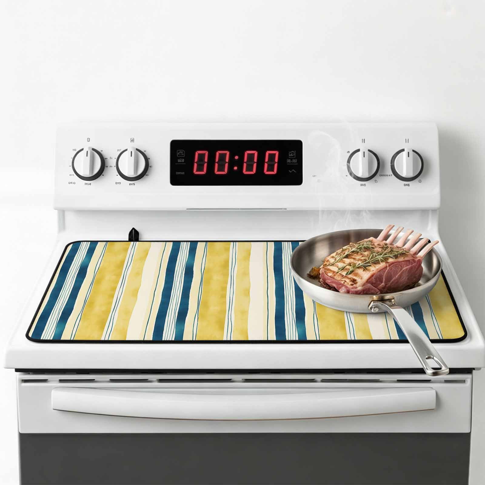 Blue Yellow Striped Stove Top Cover for Electric Stove, Heat-proof & Non Slip Glass Top Stove Cover Protector, Watercolor Modern Stripes Art Kitchen Flat Cooktop Rubber Mat 24x21 Inches