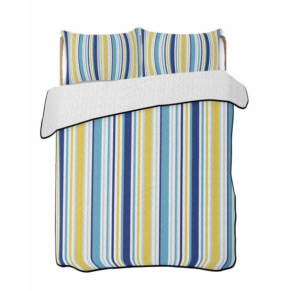 Blue Yellow Striped Summer Quilt Set Twin XL Size,Soft Quilted Bedding Set with 2 Pillow Shams,Farmhouse Navy Blue Ombre Stripes Lightweight All Season Bedspread Coverlet for Bedroom 68"x98"