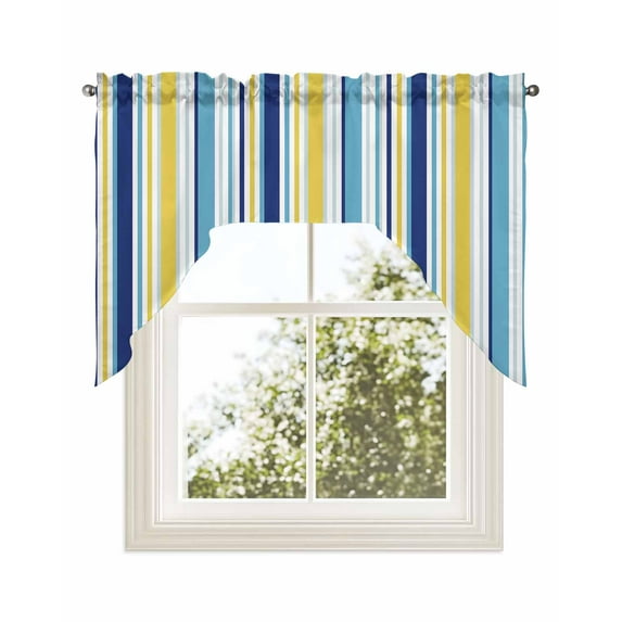 Blue Yellow Striped Swag Valance for Windows 56'' x 36'', Farmhouse Navy Blue Ombre Stripes Light Filtering Kitchen Curtains Valances for Bathroom/Living Room/Bedroom/Café, Rod Pocket Curtain Panel