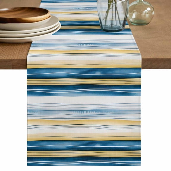 Blue Yellow Striped Table Runner, Modern Stripes Art Watercolor Washable Cotton Linen Table Runners 36 Inches Long, Dresser Scarf Runner for Nightstand/End Tables/Round Tables 13''x36''