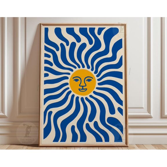Blue Yellow Sun Retro Wavy Ray Celestial Wall Art Print, Unframed Paper Poster 24x36in