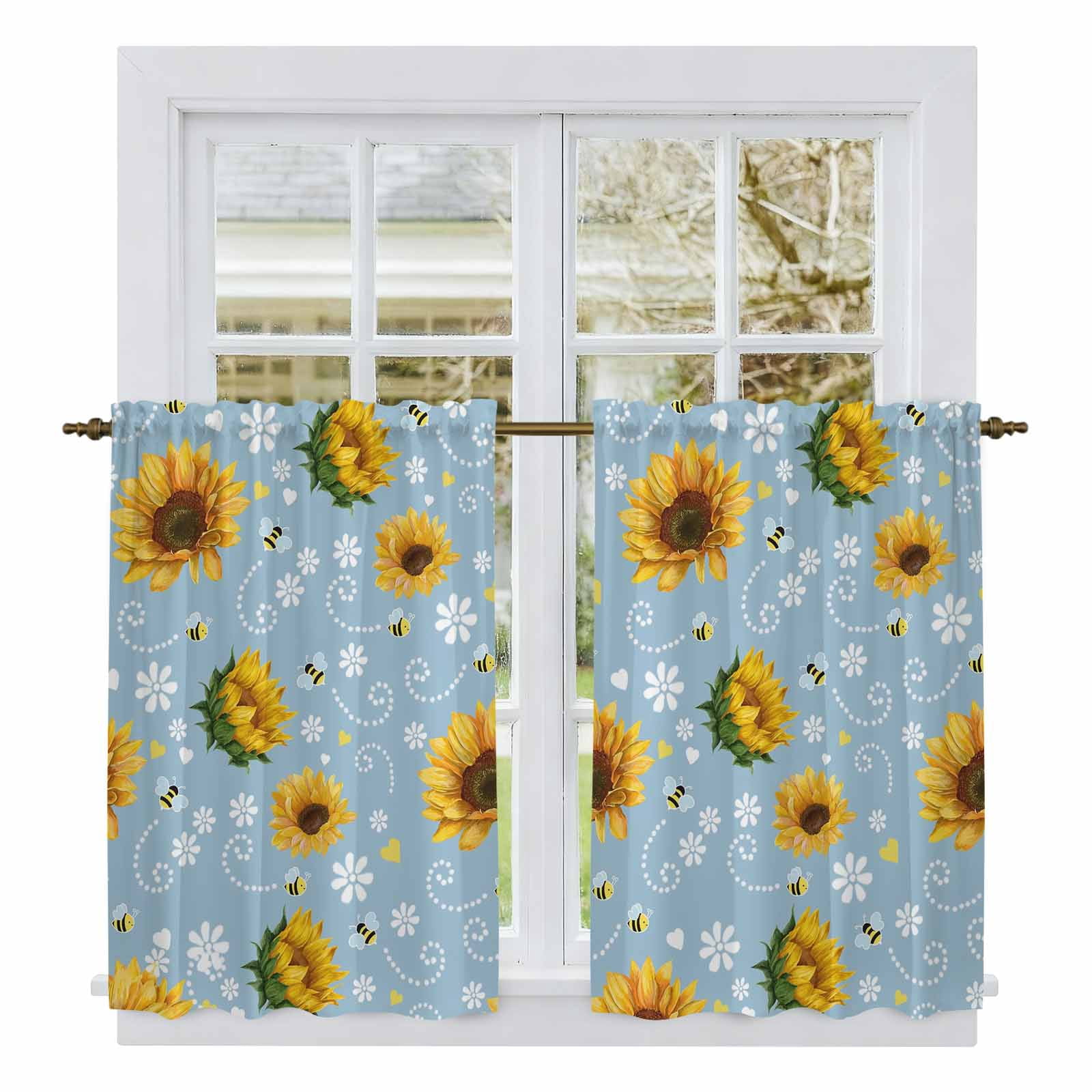 Blue Yellow Sunflower Kitchen Curtains 54 Inch Length, Summer Botanical ...