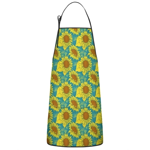 Blue Yellow Sunflower Pattern Apron-Garden Aprons for Women with Pockets-Cotton Linen Waterproof Kitchen Cooking Gardening Aprons Adjustable for Kitchen,Cooking,BBQ and Salon 33x27 Inch