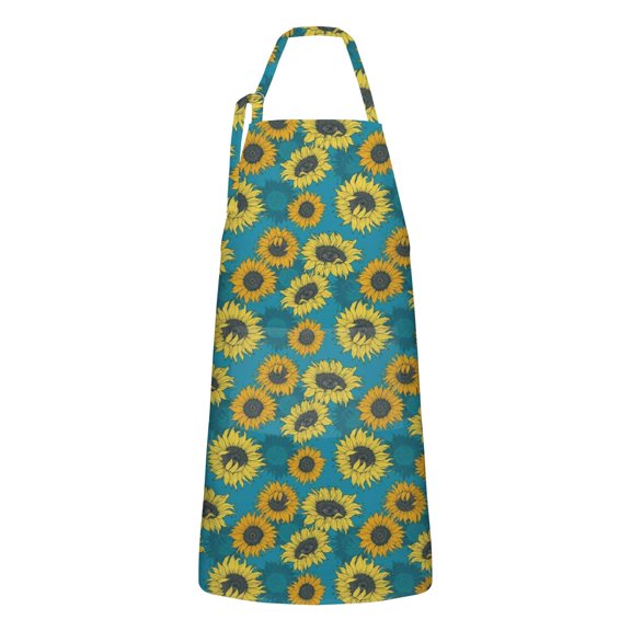 Blue Yellow Sunflower Pattern Apron-Garden Aprons for Women with Pockets-Cotton Linen Waterproof Kitchen Cooking Gardening Aprons Adjustable for Kitchen,Cooking,BBQ and Salon 33x27 Inch