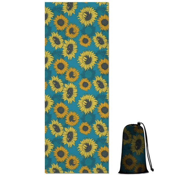 Blue Yellow Sunflower Pattern Hot Yoga Mat Towel Non Slip for Hot Yoga - Quick-Drying Yoga Mat Cover with 4 Corner Pockets with Travel Bag - Hot Yoga Towel Non Slip 70"x26"