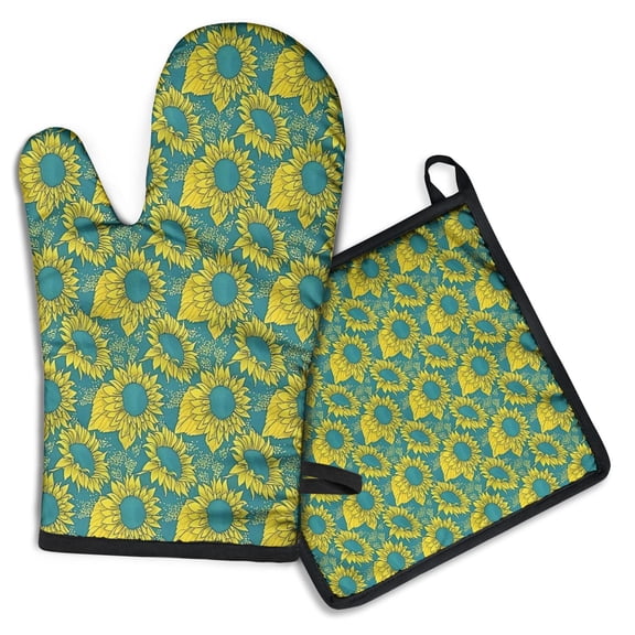 Blue Yellow Sunflower Pattern Kitchen Oven Mitt and Pot Holder Sets 2 Pcs for Baking, Cooking and Grilling, Heat Resistant Up To 392 °F