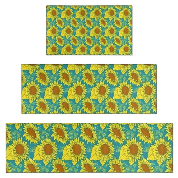 Blue Yellow Sunflower Pattern Kitchen Rugs Sets Of 3,Kitchen Runner Rugs Non Skid Washable,Decorative Kitchen Floor Mats for Kitchen,Sink,Laundry,17"x30"+ 17"x47" + 17"x59"