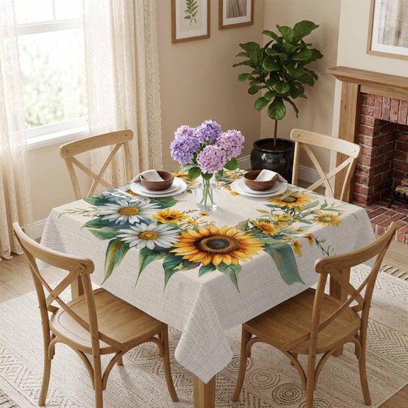 Blue Yellow Sunflower Square Tablecloth 54x54 Inch Retro Wreath Waterproof Polyester Tablecloth for Dining Table, Washable Table Cover for Kitchen Dining Room Wedding Decoration,Stain Resistant