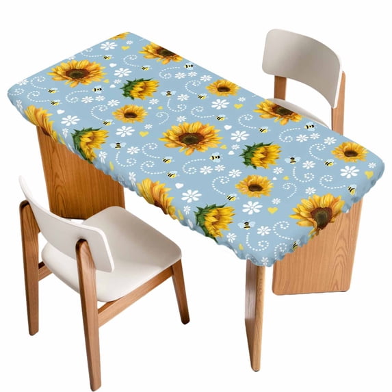 Blue Yellow Sunflower Table Cloths for 6 Foot Rectangle Tables, Summer Botanical Farmhouse Floral Patio Waterproof Elastic Fitted Tablecloths, Washable Rectangular Table Cover for Camping