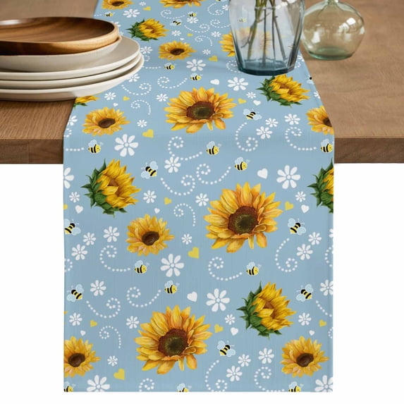 Blue Yellow Sunflower Table Runner 90 Inches, Summer Botanical Farmhouse Floral Bed Runner Dresser Scarves Tabletop for Indoor Outdoor Parties/Ceremony/Banquet, 13" x 90"