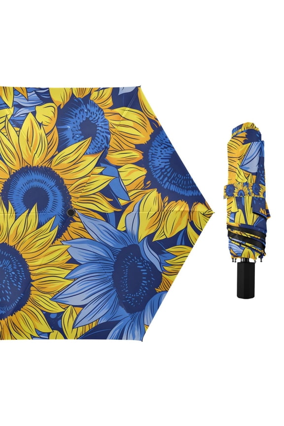 Blue Yellow Sunflowers Compact Sun Umbrella Windproof Travel Umbrellas for Rain Strong Portable UV Protection
