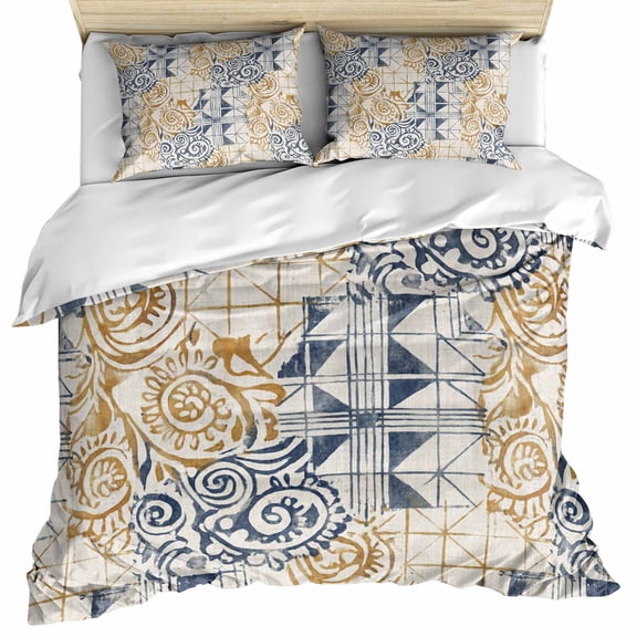 Blue Yellow Swirl Bedding 3 Piece Duvet Cover Set California King, Vintage Abstract Geometric Patchwork Microfiber Comforter Cover with Zipper Closure & Pillowcases, FadeResistant Quilt Cover
