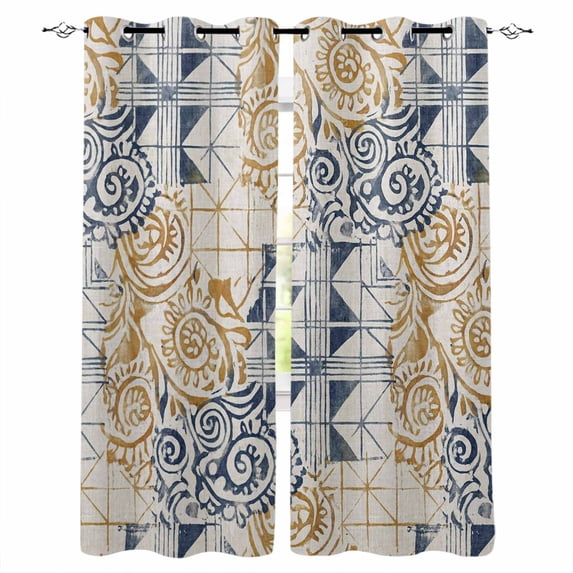 Blue Yellow Swirl Blackout Curtains 90 Inch Length 2 Panels Set for Living Room Bedroom, Vintage Abstract Geometric Patchwork Privacy Window Treatment Thermal Insulated Black Out Drapes 52"x90"