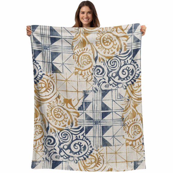 Blue Yellow Swirl Blanket Soft Cozy Warm Throw Blanket for Couch, Plush Fuzzy Flannel Fleece Blankets for Sofa, Vintage Abstract Geometric Patchwork Bed Blankets Lightweight Gifts for Women, 30"x40"